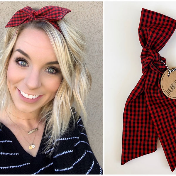 Hair Scarf / Buffalo Plaid / Red Oxblood Crimson Garnet Ruby / Head Scarf / Hair Wrap / Bandana / Scarves / Tie On / Ascot / Knot Headband