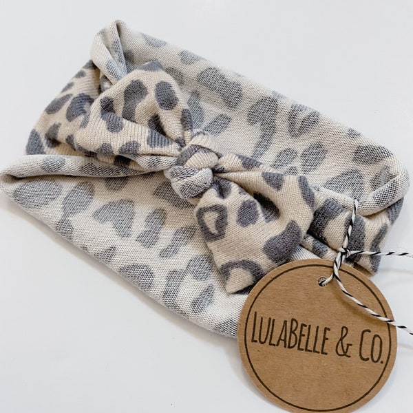 Baby Headband / Gray Leopard Cheetah Animal Print / LulaBelle Hoodie Headband / Sweatshirt Terry / Newborn Infant Toddler / Knotted Bow