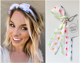 Hair Scarf / Neon Dreams / Polka Dot / Summer / Head Scarf / Hair Wrap / Bandana / Scarves / Tie On / Ascot / Chiffon / Knot Headband