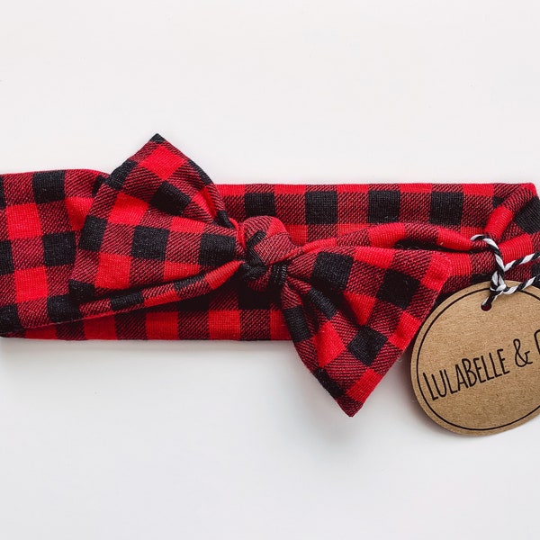 Baby Headband / Mini Buffalo Plaid / Red Black / Gingham / Holiday / Christmas / Knot Headband / Baby Newborn Infant Toddler / Knotted Bow