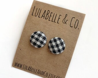 Button Earrings / Black and White Buffalo Plaid (Lumberjack) Button Earring