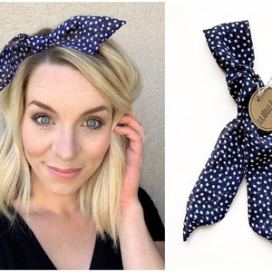 Hair Scarf / Navy Polka / Head Scarf / Hair Wrap / Bandana / Scarves / Tie On / Ascot / Silk / Chiffon / Blue / Dots / Knot Headband