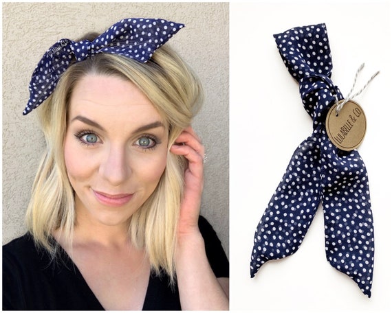 Hair Scarf Navy Polka Head Scarf Hair Wrap Bandana Etsy