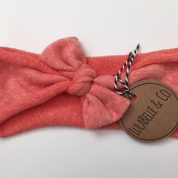 Baby Headband // Coral Pink Salmon Orange // LulaBelle Hoodie Headband // Sweatshirt Terry // Baby Newborn Infant Toddler // Knotted Bow