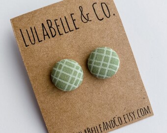 Button Earrings / Sage Grid Button Earring