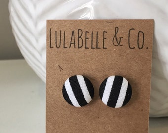 Button Earrings / Black and White Stripe Button Earring