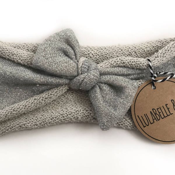 Baby Headband // Icicle // Gray Grey Sparkle // LulaBelle Hoodie Headband // Sweatshirt Terry // Baby Newborn Infant Toddler // Knotted Bow