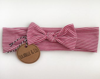 Baby Headband / Maroon Pinstripe / Red Raspberry Berry Stripe / Knot Headband / Baby Newborn Infant Toddler / Knotted Bow