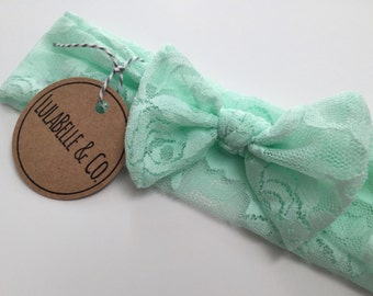 Baby Headband / Mint Lace / Green / Knot Headband / Baby Newborn Infant Toddler / Knotted Bow