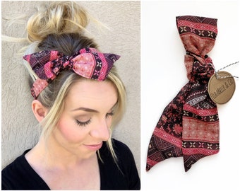 Hair Scarf / Lotus Boho / Pink Black / Hippie / Head Scarf / Hair Wrap / Bandana / Scarves / Tie On / Ascot / Silk / Chiffon / Knot Headband