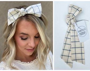 Hair Scarf / Tea Towel / Blue Off White Natural Farmhouse / Head Scarf / Hair Wrap / Scarves / Tie On / Ascot / Linen / Cotton / Headband