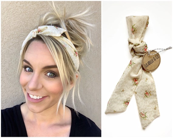 Hair Scarf Miss Dolly Cream Gold Metallic Floral Head Scarf Hair Wrap Bandana Scarves Tie on Ascot Chiffon Knot Headband Etsy Canada