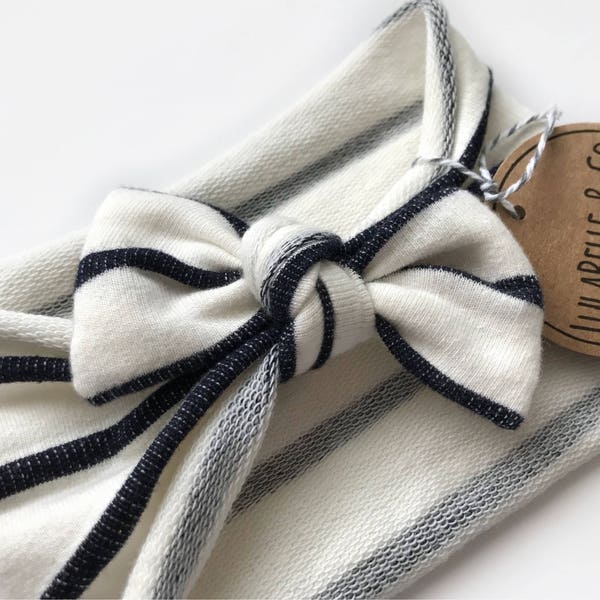 Baby Headband // Navy Blue Cream White Stripe // LulaBelle Hoodie Headband // Sweatshirt Terry // Newborn Infant Toddler // Knotted Headband