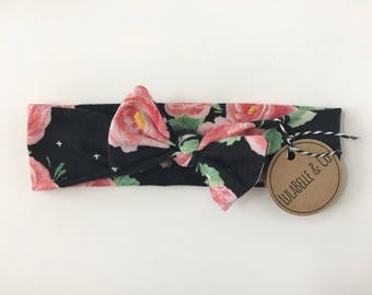 Baby Headband / Midnight Floral  / Black Pink / Rose / Knot Headband / Baby Newborn Infant Toddler / Knotted Bow