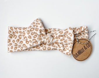 Baby Headband / Tan Leopard / Cheetah Spotted Animal Print / Beige Taupe Sand Brown / Knot Knotted Bow / Baby Newborn Infant Toddler