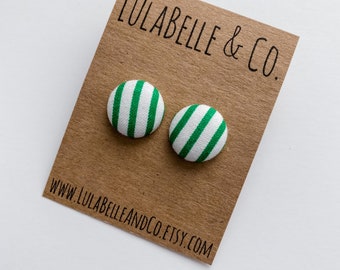 Button Earrings / Green Candy Stripe Button Earring / Thin Stripes / Green / Kelly / Mint / White / Candy Striper