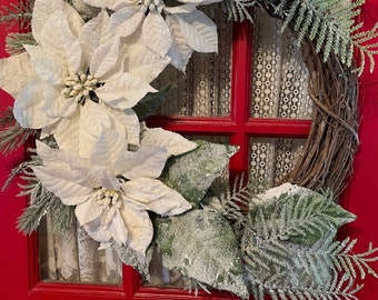 White Poinsettias  Wreath, Poinsettia Wreath, Poinsettia Doorhanger