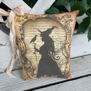 May include: A decorative pillow with a vintage-style design featuring a silhouette of a witch holding a broom and a raven. The pillow has a brown background with gold accents and text that reads "To Visitors".