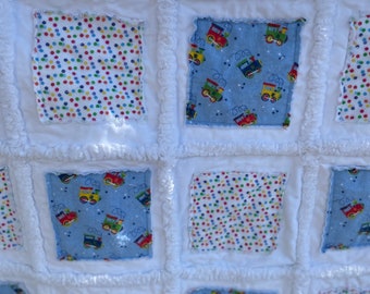Handmade Baby Boy Rag Quilt, Blue Trains, Polka Dots