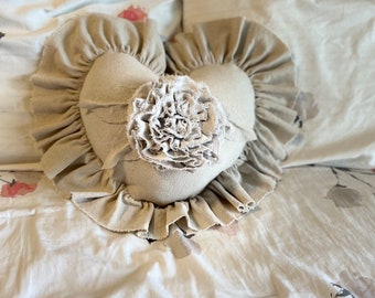 Neutral Heart Shaped Pillow / Fluffy Flower, Handmade Heart Pillow