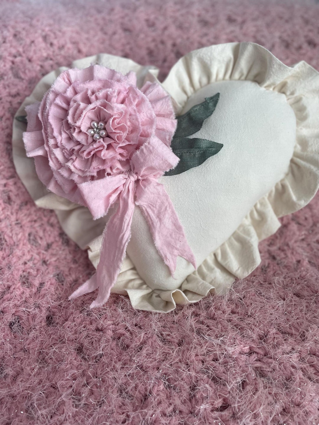 Handmade Valentine Candy Heat Box Ruffled Pillow: 3D Pink Fabric Rose ...