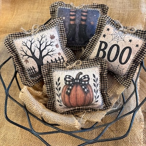 May include: Four square fabric pillows with black and white gingham ruffled edges. One features a pumpkin with a bow, one shows a tree and fence, one displays the word BOO with a spiderweb, and one depicts witch legs in striped stockings.