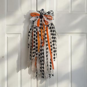 Halloween Rag Bow, Harlequin Black and White, Orange Accent