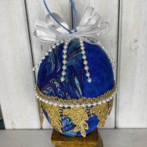 Handmade Regal Blue & Gold Easter Egg Luxury Decorative Egg with Pearks and Gold Lace Hanging Ornament One of A Kind
