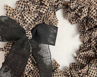 Farmhouse Rag Wreath, Black & Tan Check, Burlap Bow