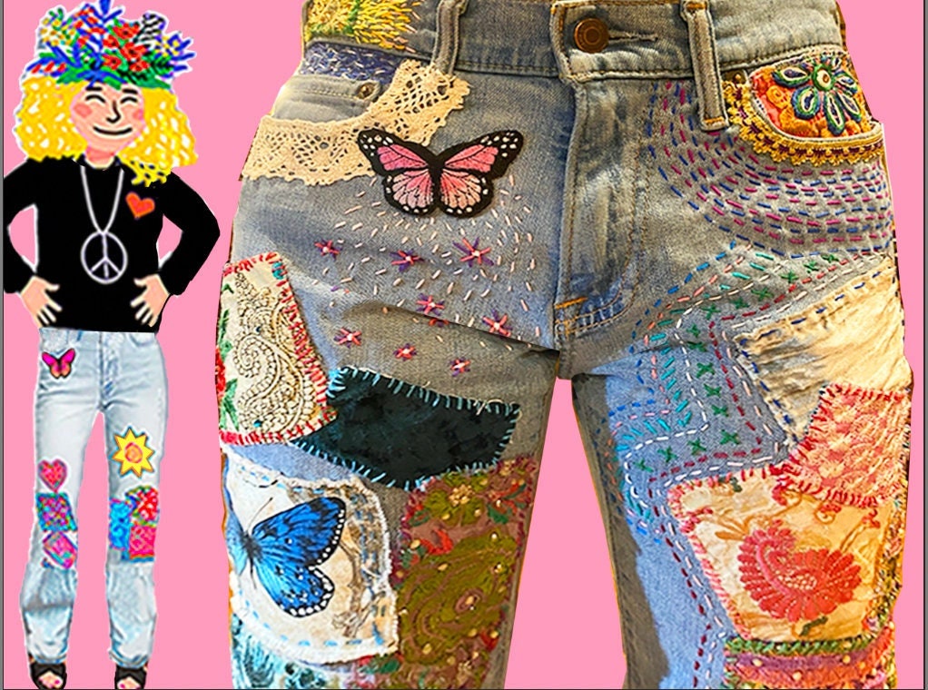 Embroidered & Patchwork Jeans SOLD but Can Do CUSTOM ORDERS - Etsy