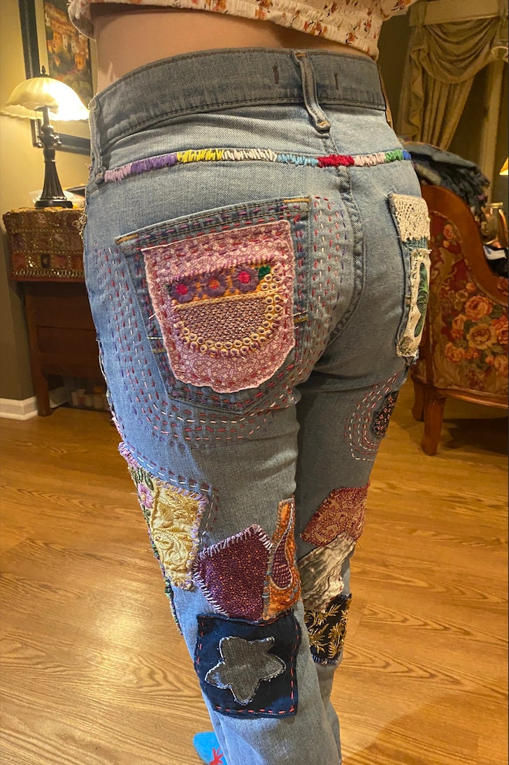 Embroidered & Patchwork Jeans SOLD but Can Do CUSTOM ORDERS - Etsy