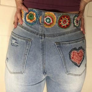 TAKING CUSTOM ORDERs. Wearable Art.Embroidered & Patched Denim Jeans. My jeans or yours.  Available: Size 5 IndigoRein Jeans.