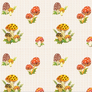 May include: A seamless pattern featuring red and yellow mushrooms with white spots on a white background with brown polka dots.