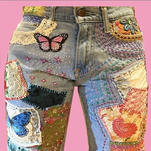 TAKING CUSTOM ORDERS - Embroidered & Patchwork Denim Jeans. My jeans or yours. Most favorited jeans on Etsy.