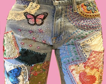 TAKING CUSTOM ORDERS - Embroidered & Patchwork Denim Jeans. My jeans or yours. Most favorited jeans on Etsy.