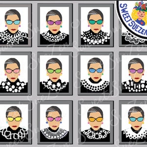 May include: A set of 12 digital printable images featuring a portrait of Ruth Bader Ginsburg with different colored glasses and collars. Each image is framed in a gray frame.