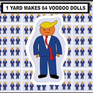 May include: A white background with the text "1 YARD MAKES 64 VOODOO DOLLS" in black. The image features a large cartoon voodoo doll with a yellow hairstyle, a blue suit, and a red tie. Surrounding the large doll are many smaller versions of the same doll.