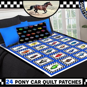 May include: A blue and white quilt with 24 colorful car patches. The quilt is on a bed with blue and black pillows. The text "24 PONY CAR QUILT PATCHES" is at the bottom of the image.