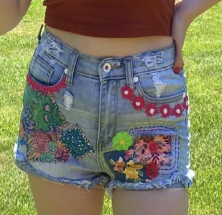 TAKING CUSTOM ORDERs. Wearable Art. Embroidered & Patched denim Jean shorts. My Jeans or Yours. Available Size 3-4 Shorts