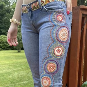 TAKING CUSTOM ORDERs. Wearable Art.Embroidered & Patchwork Denim Jeans - My jeans or yours.  Available:  Sz 26-36 Size 5? Blue Cult Jeans