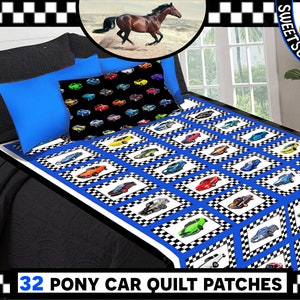 May include: A blue and white checkered quilt with 32 squares featuring images of classic pony cars. The quilt is on a black bed with blue pillows and a pillow with a repeating pattern of pony cars. The text "32 PONY CAR QUILT PATCHES" is at the bottom of the image.