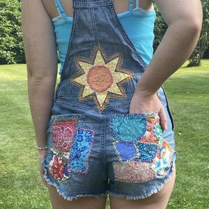 TAKING CUSTOM ORDERs. Embroidered and patchwork denim overall shorts. My Jeans or Yours.AVAILABLE: Size 6.