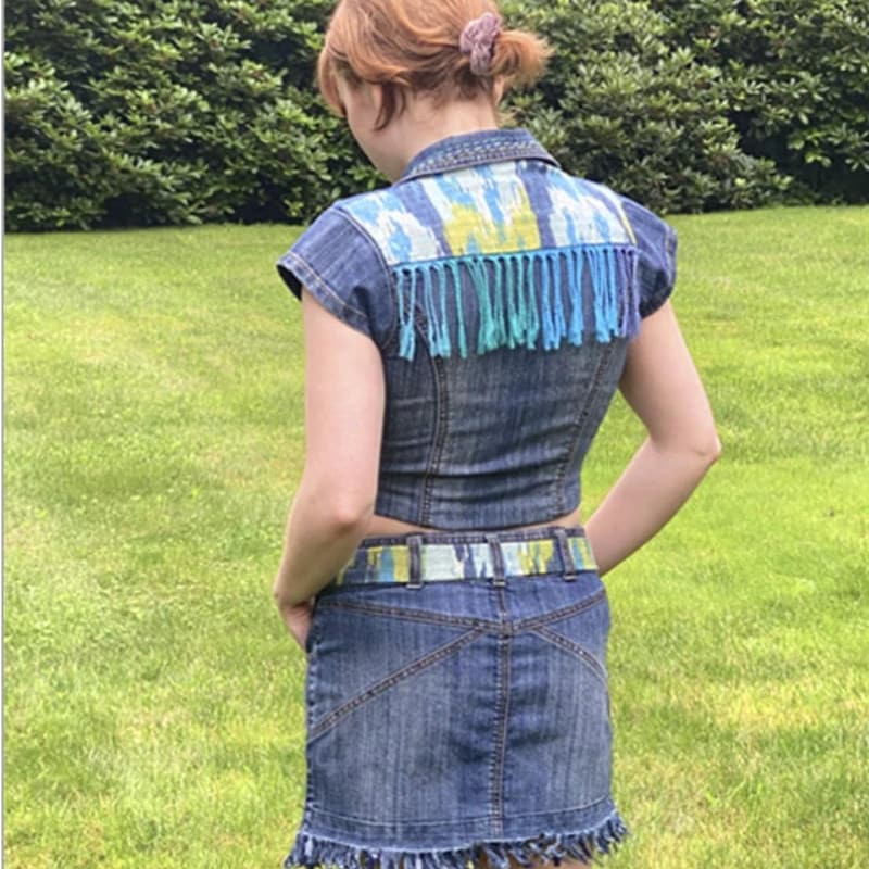 Two-Piece Denim Set with Cropped Jacket and Pleated Mini Skirt - Blue main image 1