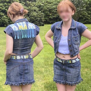 Size 0-2  Handmade embellished DENIM JEAN SKIRT, & Jean jacket. Country Western. Sustainable, Embroidered, Patched, Fringed. 1 of a kind