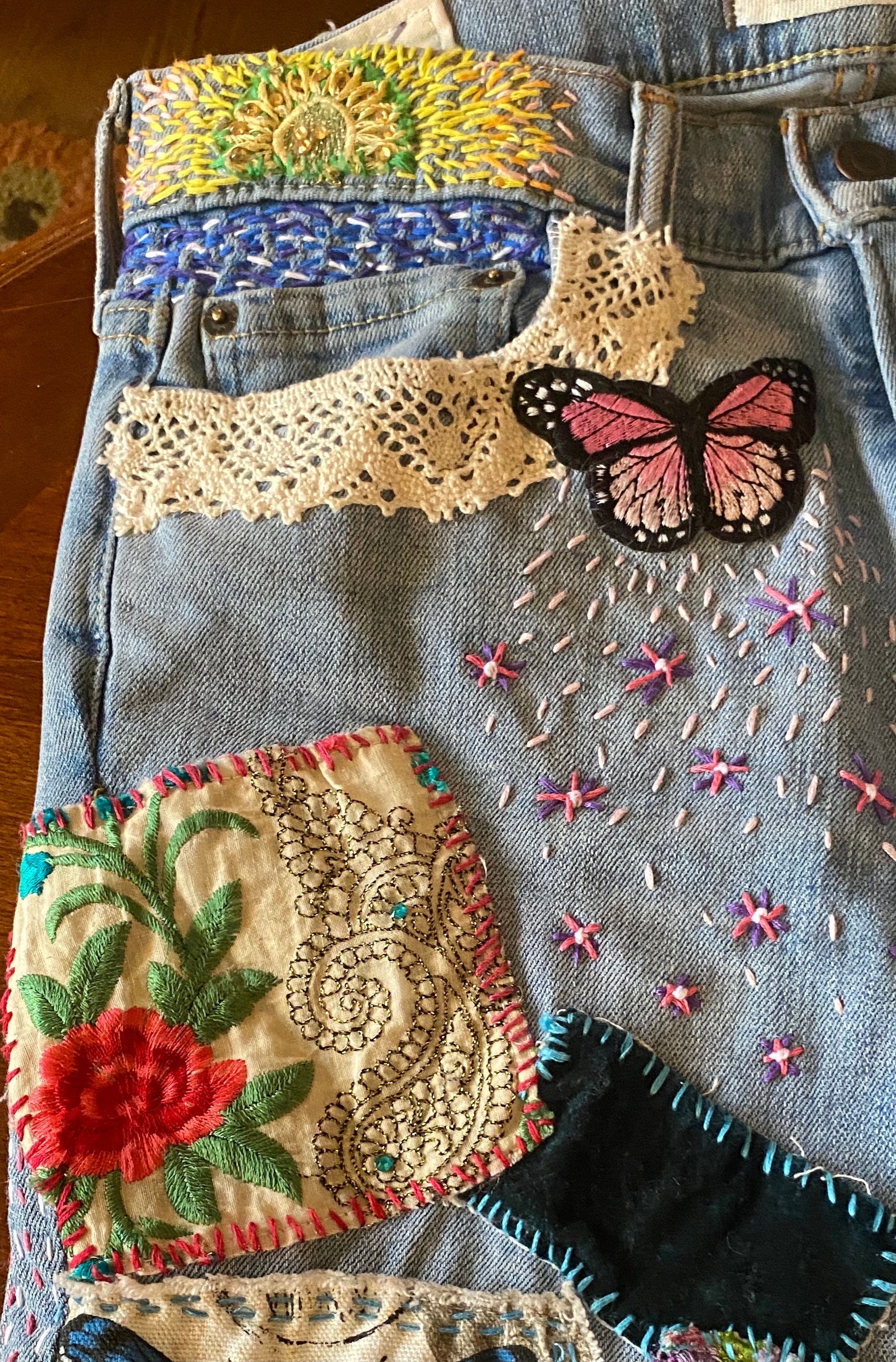 Embroidered & Patchwork Jeans SOLD but Can Do CUSTOM ORDERS - Etsy