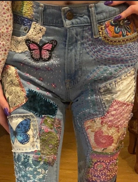 Embroidered & Patchwork Jeans SOLD but Can Do CUSTOM ORDERS - Etsy