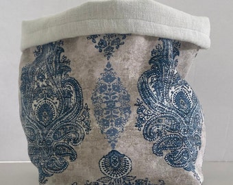 Blue Paisley Fabric Basket: Foldable Bread & Fruit Display, USA Made