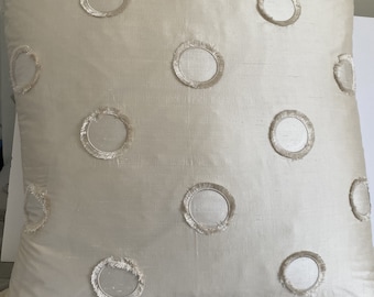 Cream silk dupion Euro pillow cover (only), for center stage on a bed, 26" x 26" with tufted circles decoration and hidden zipper.
