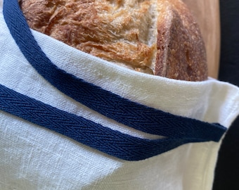 Linen Bread Bag: Cream Textured Fabric with Blue Ties