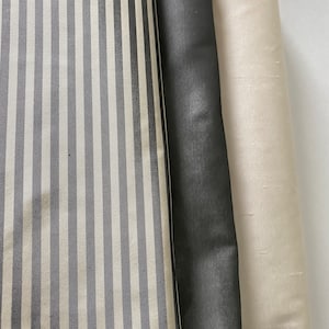 Rayure chic en taffetas de soie gris et crème, taffetas de soie gris foncé, taffetas de soie crème, chaque pièce mesure 12 x 24 po. 3 pièces à fabriquer